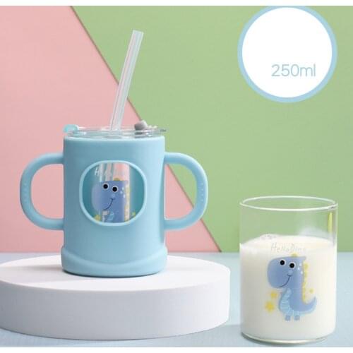 1 set of baby feeding cups, childrens silicone microwave oven heated glass cups, baby milk cups with graduated straws