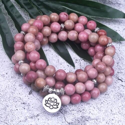108 Mala Natural Rhodochrosite Stone Beaded Buddha OM Lotus Charm Bracelet For Women Lucky Meditation Yoga Jewelry