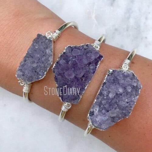 Amethysts Druzy Cluster Bracelet Freeform Purple Druzy Cuff Boho Purple Slab Bracelet Bangle Bridesmaid Gift BM20126