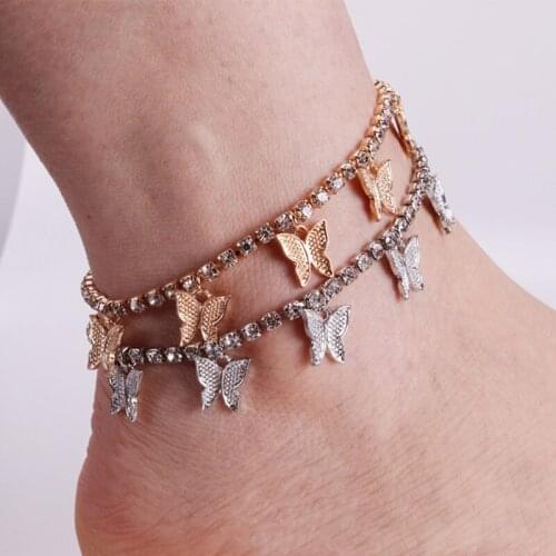 Boho Foot Crystal Chain Ankle Summer Bracelet Butterfly Shape Pendant Charm Sandals Barefoot Anklet Charm Foot Jewelry