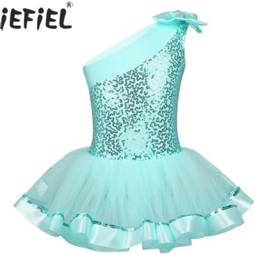 Kids Girls Ballerina Costumes One Shoulder Bowknot Glitter Reflective Ballet Dance Gymnastics Leotard Professional Tutu Dress