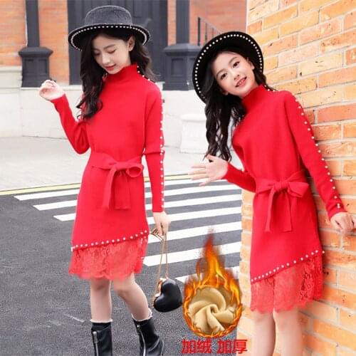 Long Style Kids Knitted Dress Girls Sweater Dress Turtleneck Crop Tops Baby Girl Pink White Gold Knitted Dress For 5-16 Years