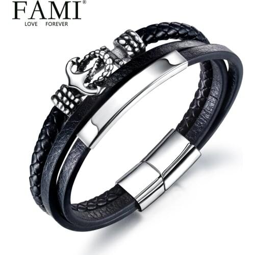 FAMI BANGELS European and American fashion creative Leather Bracelet multi-layer stainless steel ship anchor magnetic bu