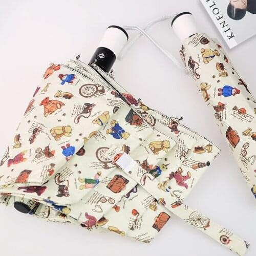 Cute Cartoon Automatic Windproof Fashion Umbrella Luxurious Leather Handle Black Coating Anti-UV Parasol