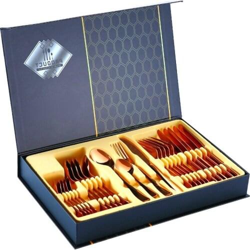 24pcs Tableware Gift Box Set Stainless Steel Golden Spoon Long Handle Knife And Fork Combination Birthday Gift