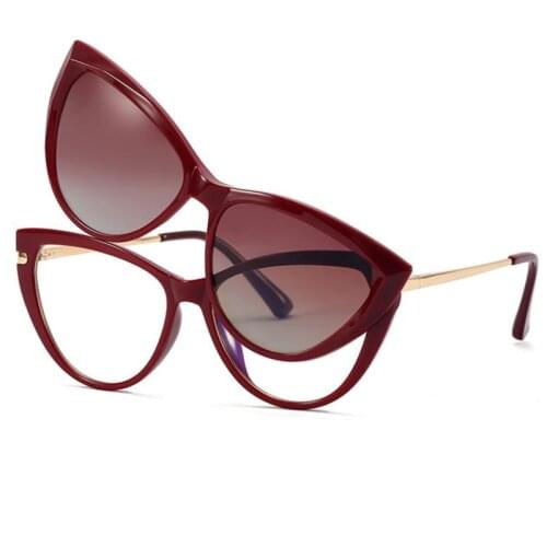 Polarized Magnet 2 In 1 Clip Drive Sunglasses Women Sexy Cat Eye Transparent Anti Blue Glasses Frame With Prescription Lenses