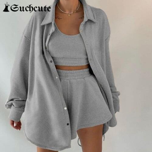 SUCHCUTE Womens Jacket Button Up Harajuku Casual Long Sleeve Sports Sets Streetwear Solid Loose Coats Aesthetic Clubwear Cloth