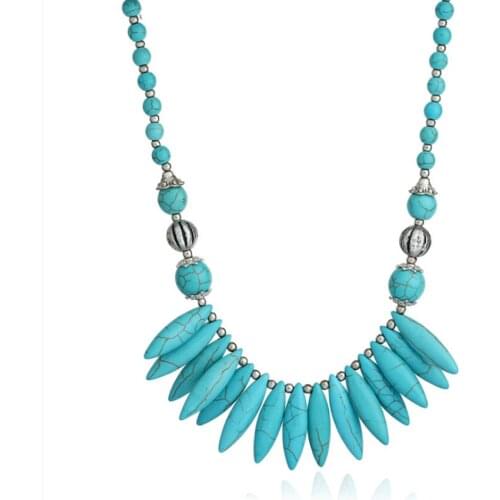 Handmade Weave Geometric Green Turquoises Stone Pendant Long Beads Chain Necklace for Women Jewelry