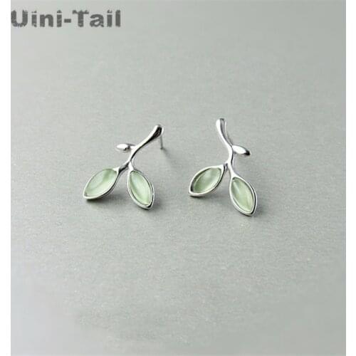 Uini-Tail new 925 sterling silver green leaves earrings Korean fashion simple trend ear movement jewelry high quality GN317