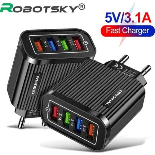 3.1A USB Fast Charger 4 Ports Fast Charger EU/US Plug Traval Wall Fast Charger Voltage and Current LED Display Charger Adapter