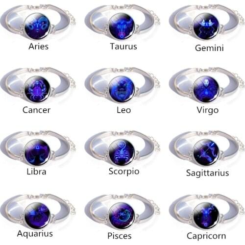 SilverColour Glass Cabochon Zodiac Aries Leo Cancer Virgo Pisces Zodiac Jewelry Bracelet Friends Gift 12 Constellations Bracelet