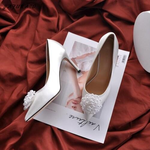 Silk Satin Pearl White High Heels 2021 elegant Thin Heels Single Shoes Wedding Dress Bridesmaid Shoes Women Pumps Size 31 32 33