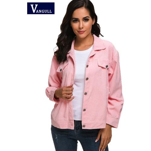 Vangull Women Corduroy Jacket 2019 New Short Design College Wind Loose Causal Solid Corduroy Long Sleeve Female Jackets Coat