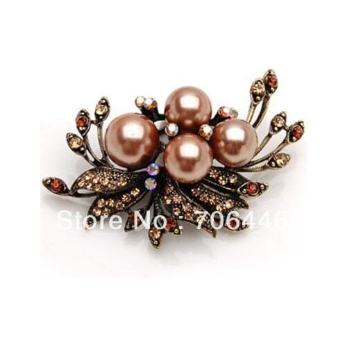 Vintage Antique Champagne Rhinestone Crystal Diamante Pearl Party Brooch Bow Pins