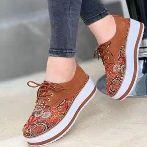 Vulkanize ayakkabı kadın ayakkabı bayanlar çiçek baskı platformu Loafers Lace Up rahat ayakkabılar kadınlar için 2021 moda Mujer
