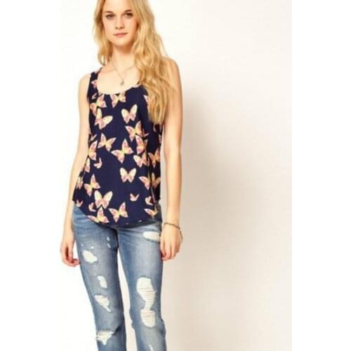 2021 Spring and Summer New Chiffon Shirt Butterfly Print Womens Vest Round Neck Sleeveless