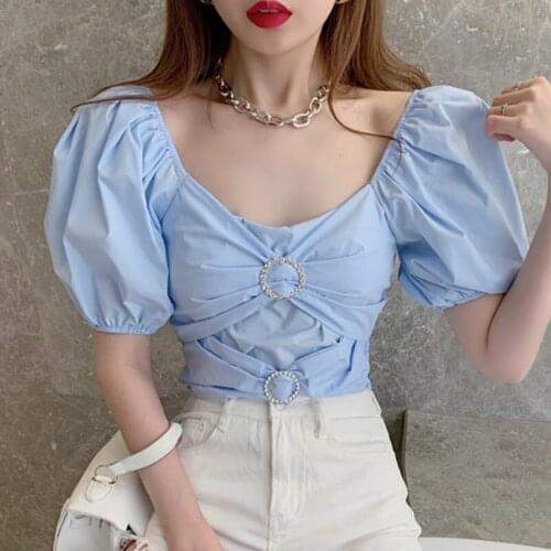 Sexy Solid Color Blue Puff Sleeve Korean Fashion Summer WomenS Clothing Vintage Short Sleeved Shirts Blouses Top 2021 Vetement