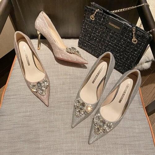 2021 summer new style sexy lady women shoes silver glitter bow crystal point toe high heels pumps birde wedding