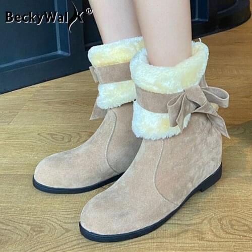 Women Botas Winter Boots Women Two Ways to Wear Fur Plush Female Snow Boots with Bowknot Inner Wedge Shoes Size 34-43 WSH3736