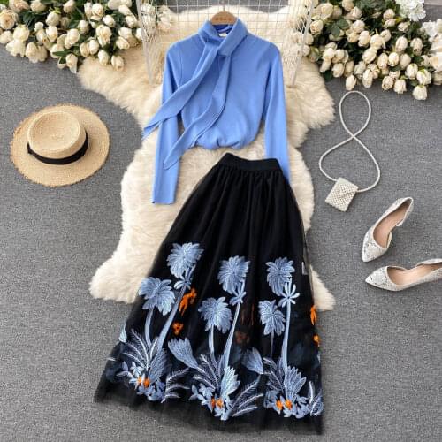 Ladies Temperament Suit 2021 New Womens Knitted Tops Wild Chic Embroidery Mesh Skirt Two Piece Set Elegant Autumn Clothing M176