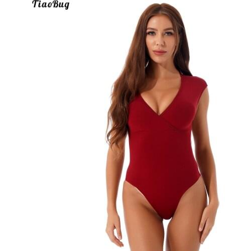 TiaoBug Women Pure Color Ballet Dance Leotard V Neck Sleeveless Removable Bust Pads Back Buckle Closure Open Back Dance Jumpsuit