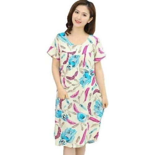 Ladies Womens Middle-aged summer dress large size priting dress short-sleeved loose dress