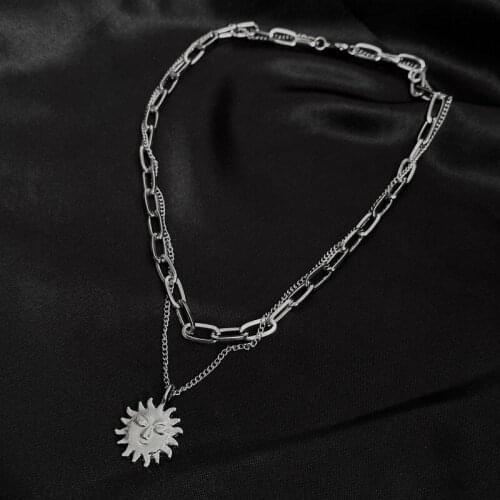 VSnow Unique Design Metal Smile Sun Pendant Necklace for Women Silver Color Alloy Double Layering Linked Chain Necklaces Jewelry