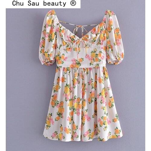 New Fashion Fall Sweet Chic Floral Printed Mini Dress Women Sexy Style Deep V-neck Backless Short Sleeve Dresses Female Vestidos