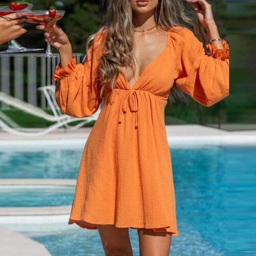 Women Lace-Up Solid V Neck Backless Beach Dress Long Sleeve Elegant Party Dress Mini Dress Spring Summer New