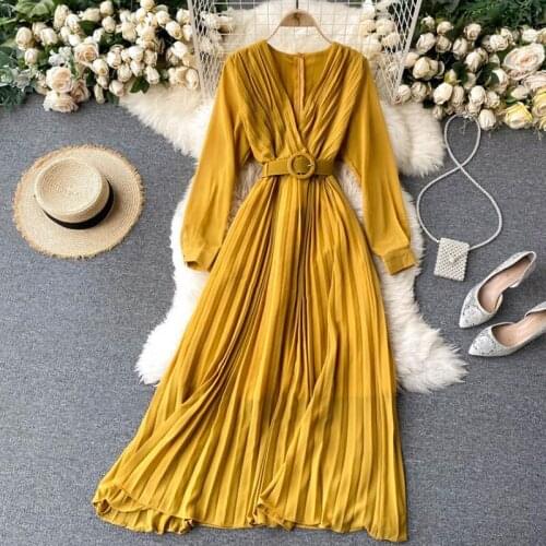 Elegant V-neck Pleated Slim Solid Women Dress 2021 Spring Autumn Long Sleeve Bandage A-line Midi Dress Vintage Clothes