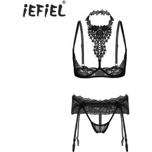 Women Floral Lace See-through Lingerie Set Halter Hollow Out Crop Bra Tops with Bowknot Low Rise Skirted G-string Underwear