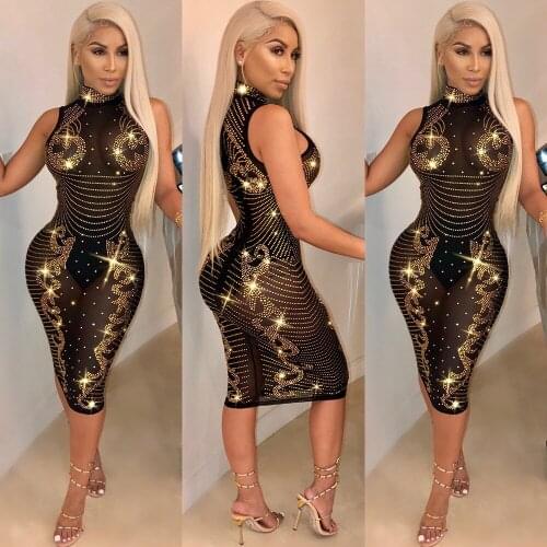 FNOCE summer womens dresses sexy nightclub see-through Turtleneck sleeveless sexy bag hip back zipper slim elegant tight dress