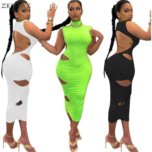 ZKYZWX Aesthetic Hollow Out Bodycon Midi Dress Fashion Sleeveless Women Clothes Sexy Birthday Outfits Lounge Wear Party Dress