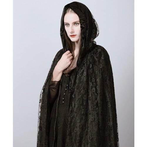100%real black lace decoration long gothic cloak with hood /dark queen cape/cosplay