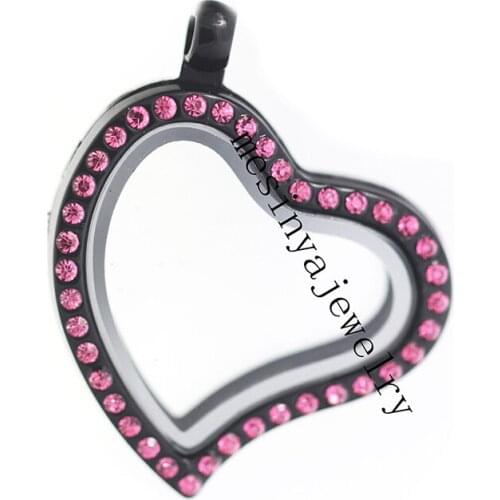 5pcs Pvd Black Plating Magnet Pink Crystal Heart Curved Glass Living Locket For Floating Charms Keepsake Xmas Mothers Gif