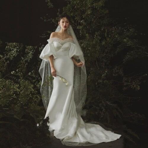 Satin Wedding Dresses Long Puff Sleeve Mermaid Train Beach Bride Dresses Boho Bridal Gowns атласное платье Robe De Mariée