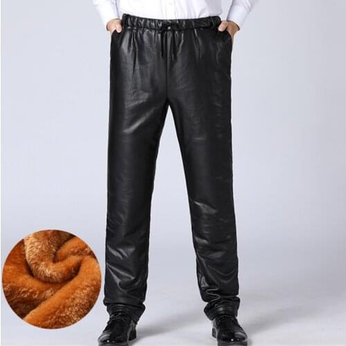 Winter Mens PU Leather Pants Thick Fleece Male Warm Trousers Windproof Waterproof Elastic Waist Black Faux Leather Work Pants