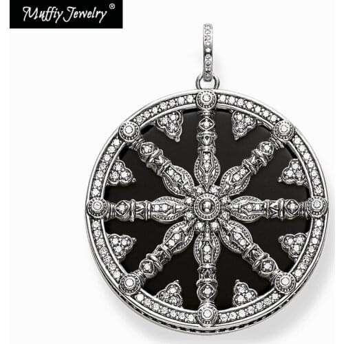 Black Crystal Wheel Necklace Pendant Europe 2019 Karma Fashion,Good Jewelry, Trendy Gift In 925 Sterling Silver,Super Deals