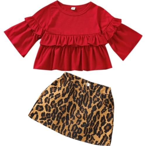 Kids Baby Girls Autumn Cotton Outfit Two Piece Suit Fashion Solid Color Trumpet Sleeve T-shirt and Leopard Short Skirt