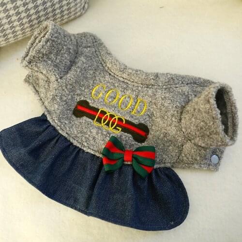 Sweet Dog Denim Skirt Autumn Winter Puppy Coat Wool Warm Small Dog Jacket Bow Tie Clothes For Pomeranian Teddy Chihuahua Pet