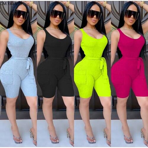 CM.YAYA Women Knitted Spaghetti Strap Sleeveless With Pocket Jumpsuits Rompers Fitness Sporty Fashion One Piece Outfits
