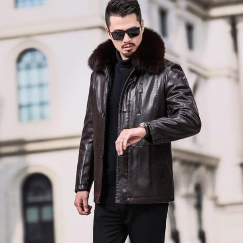 Thick Warm Fur Collar Fleece Liner Mens Faux Leather Jackets Smart Casual Single Breasted Plus Size Male Winter Shearing Coats