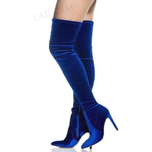 LAIGZEM Women Thigh High Boots Stretchy Velvet High Heeled Boots Side Zip Ladies Party Shoes Woman Botas Large Size 43 45 46 47