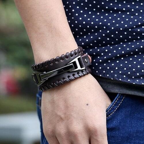 Fashion Punk Handmade Wide Cuff Rope Bracelet Vintage Leather Men Bracelets Woven Wristband Bangles For Men Jewelry