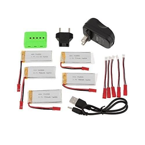 5-port Fast Charger Sets w/ 3.7V 750mAh Lipo Battery & JST Charging Cable for RC Quadcopter H12C DFD F181 MJX X400