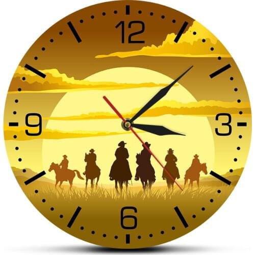 Horse Riding Wild West Sunset Design Wall Clock Western Sunset Cowboys Man Cave Art Hanging Timepieces Silent Swept Wall Clock