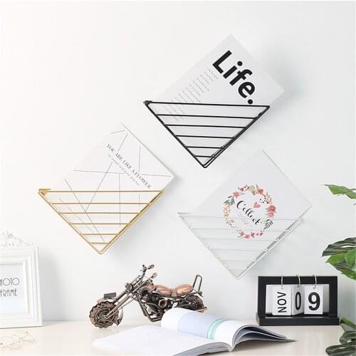 Nordic Wall Mounted Metal Storage Shelf Geometric Shape Desk Rack Minimalist Magazine Book Organizer Gold Basket