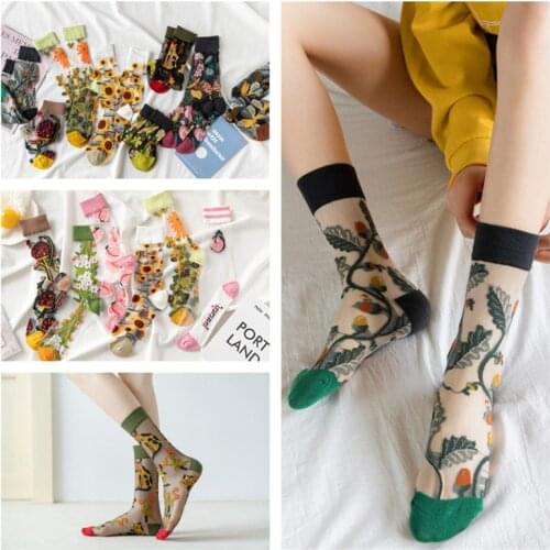 4 pairs Yuansu high quality creative crystal silk fashion socks sunflower vines flowers animal fruit glass silk female socks