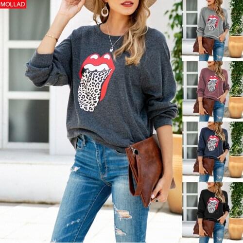 2021 Fall/Winter European and American Womens Clothing Lip Printings Loose Sweatshirt Long Sleeve T-shirt