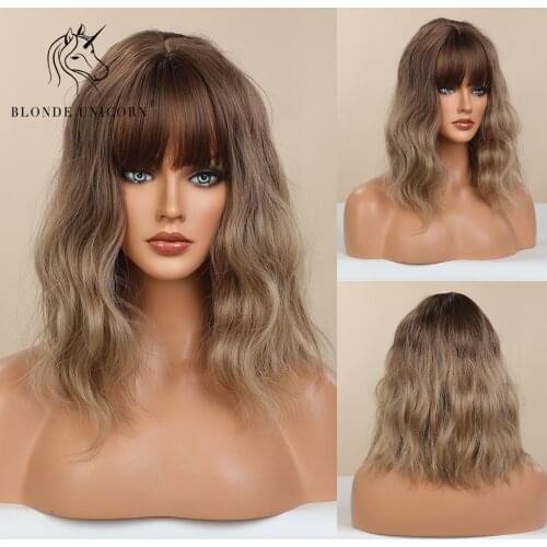 BLONDE UNICORN Synthetic Water Wave Dark Root Ombre Blonde Wigs with Bangs Daily Wig For Black Women Heat Resistant Fiber Hair